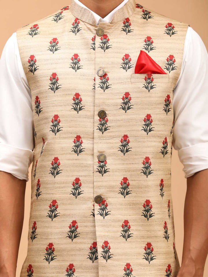 Men's Beige Rose Print Matka Silk Nehru Jacket - view 4