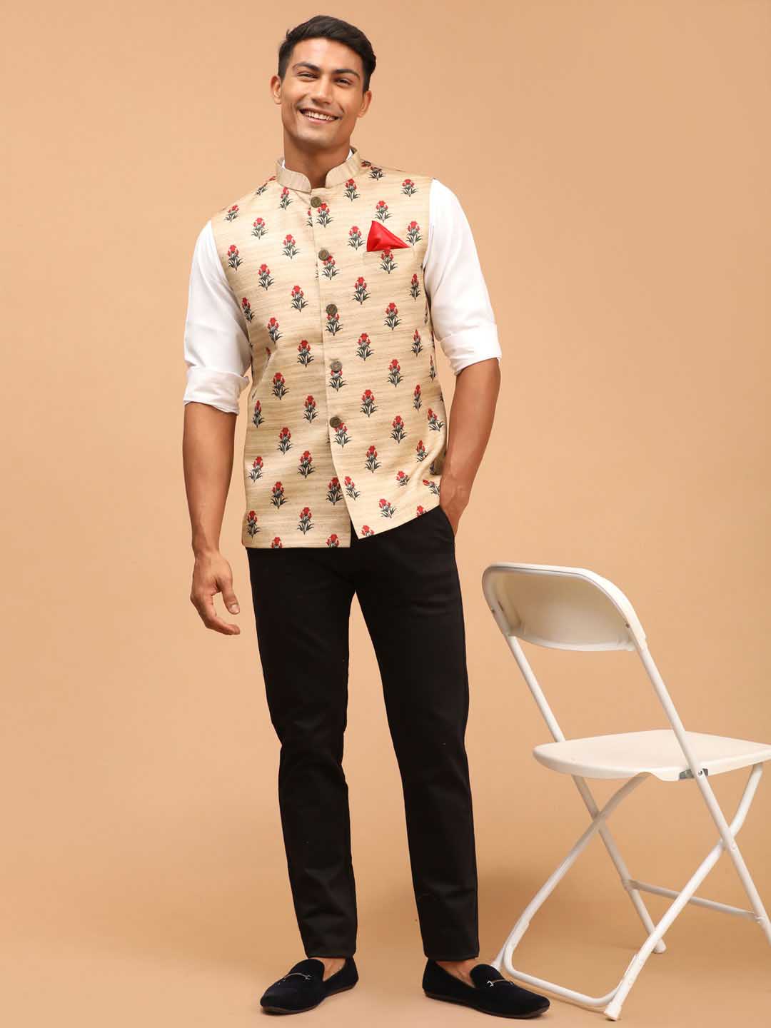Men's Beige Rose Print Matka Silk Nehru Jacket - view 5