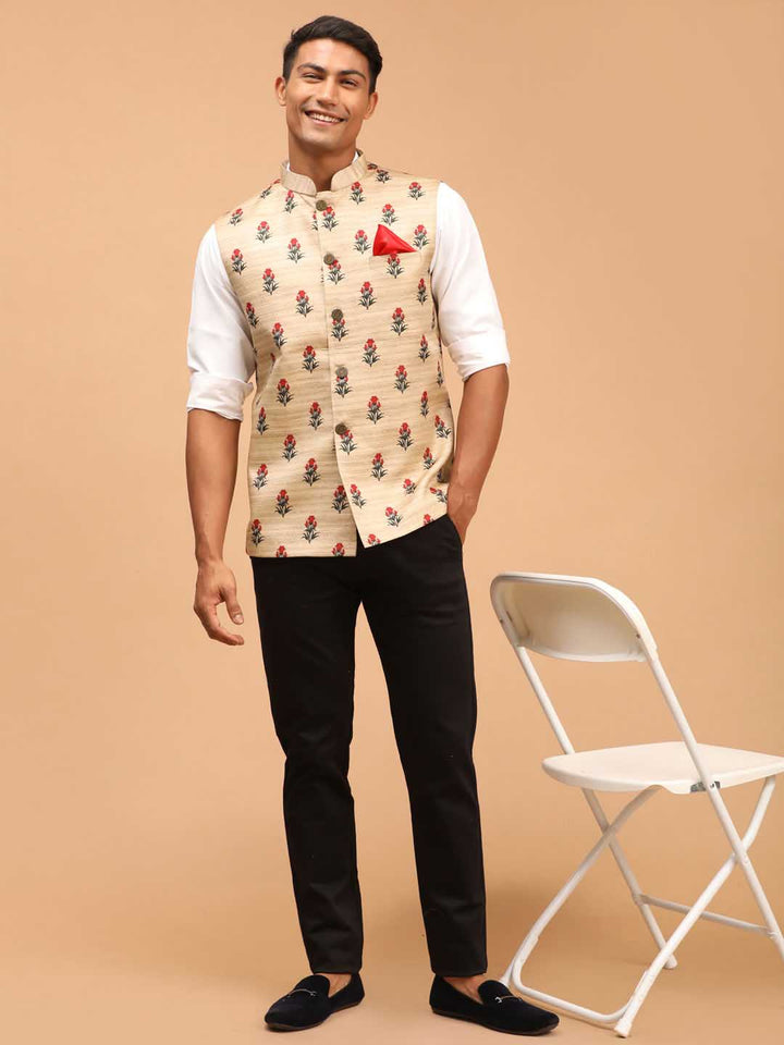 Men's Beige Rose Print Matka Silk Nehru Jacket - view 5