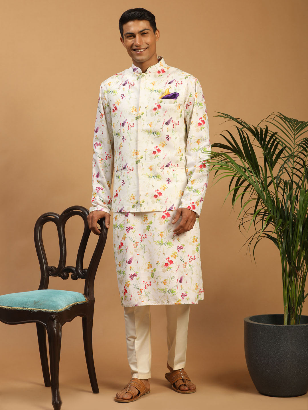 Sarvati Cream Printed Nehru Jacket And Multicolor-base Printed Kurta With Cream Viscose Stylish Pant Set