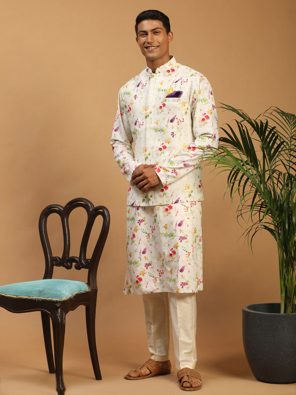 Sarvati Cream Printed Nehru Jacket And Multicolor-base Printed Kurta With Cream Viscose Stylish Pant Set