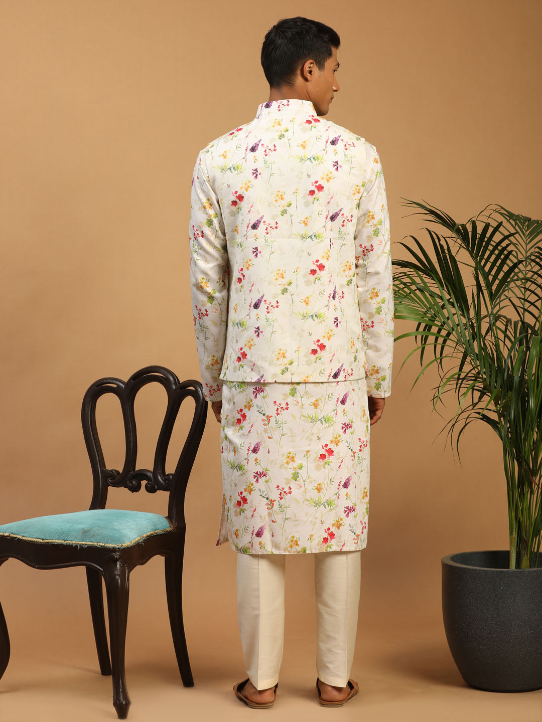 Sarvati Cream Printed Nehru Jacket And Multicolor-base Printed Kurta With Cream Viscose Stylish Pant Set