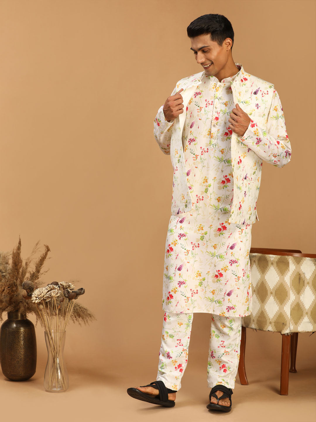 Sarvati Cream Printed Nehru Jacket And Multicolor-base Printed Kurta With Matching Rayon Pant Set