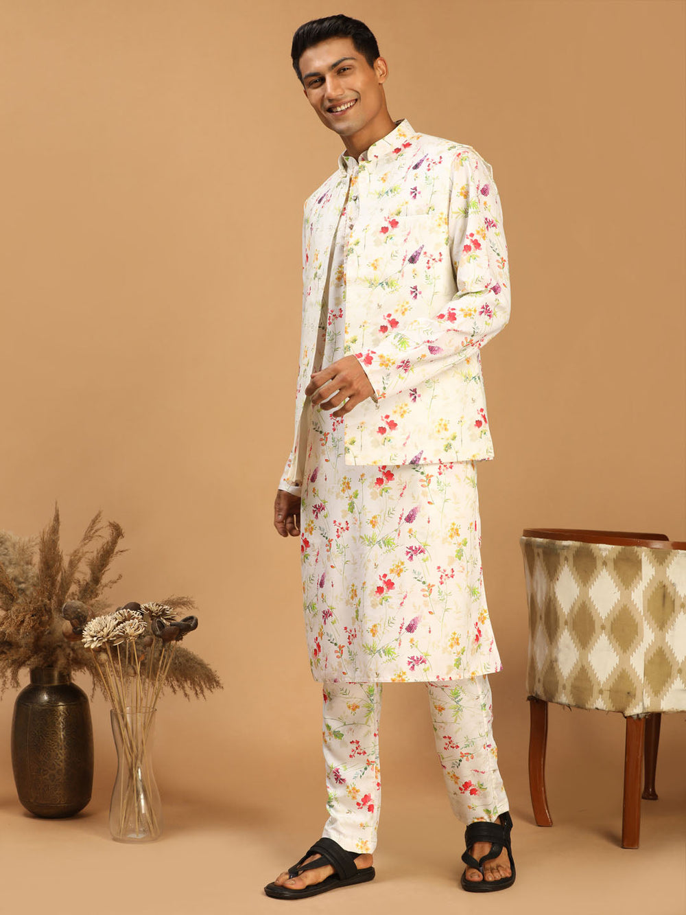 Sarvati Cream Printed Nehru Jacket And Multicolor-base Printed Kurta With Matching Rayon Pant Set