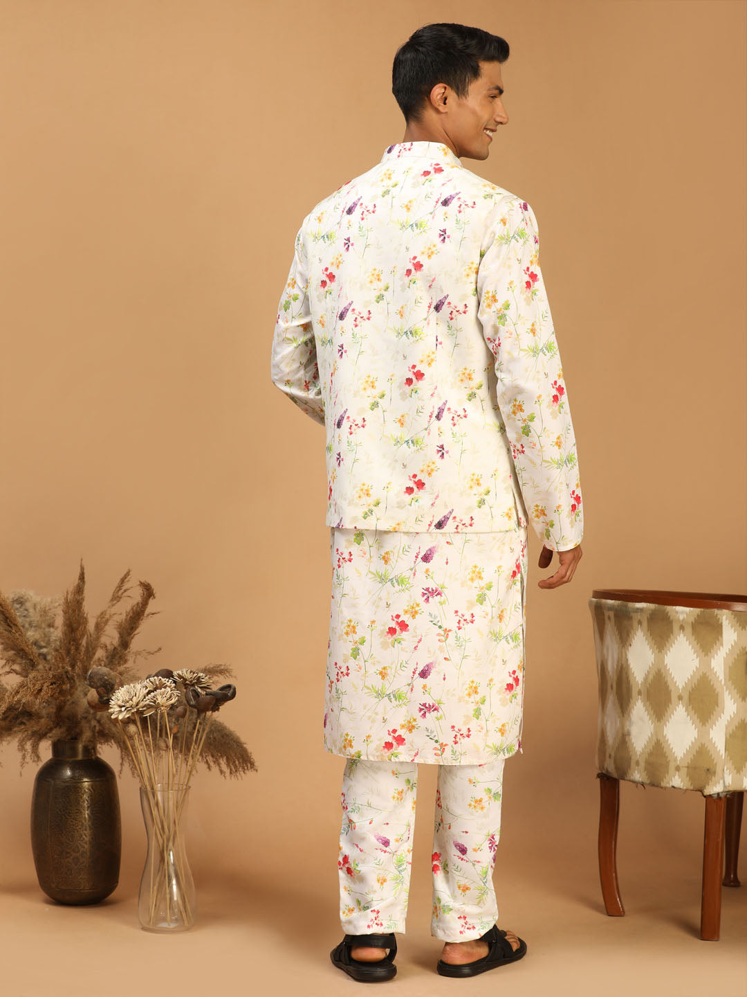 Sarvati Cream Printed Nehru Jacket And Multicolor-base Printed Kurta With Matching Rayon Pant Set