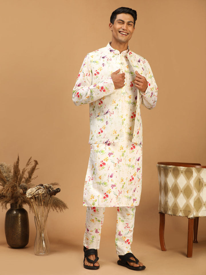 Sarvati Cream Printed Nehru Jacket And Multicolor-base Printed Kurta With Matching Rayon Pant Set