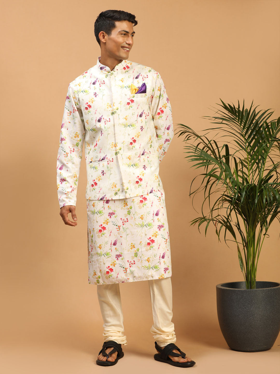 Sarvati Cream Printed Nehru Jacket And Multicolor-base Printed Kurta With Cream Pyjama Set