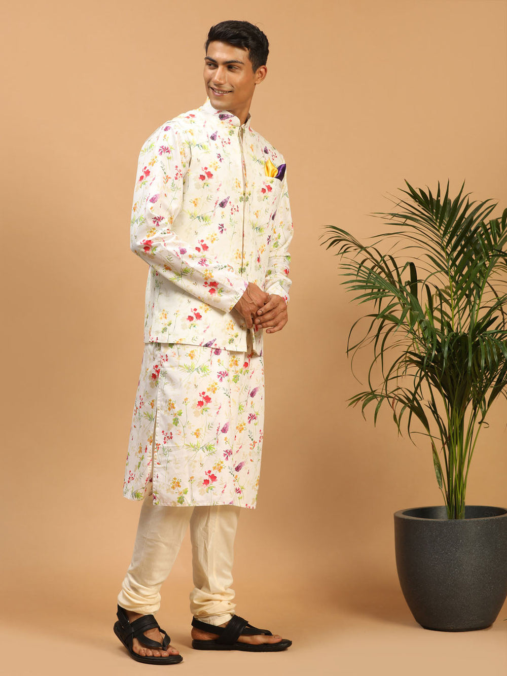 Sarvati Cream Printed Nehru Jacket And Multicolor-base Printed Kurta With Cream Pyjama Set