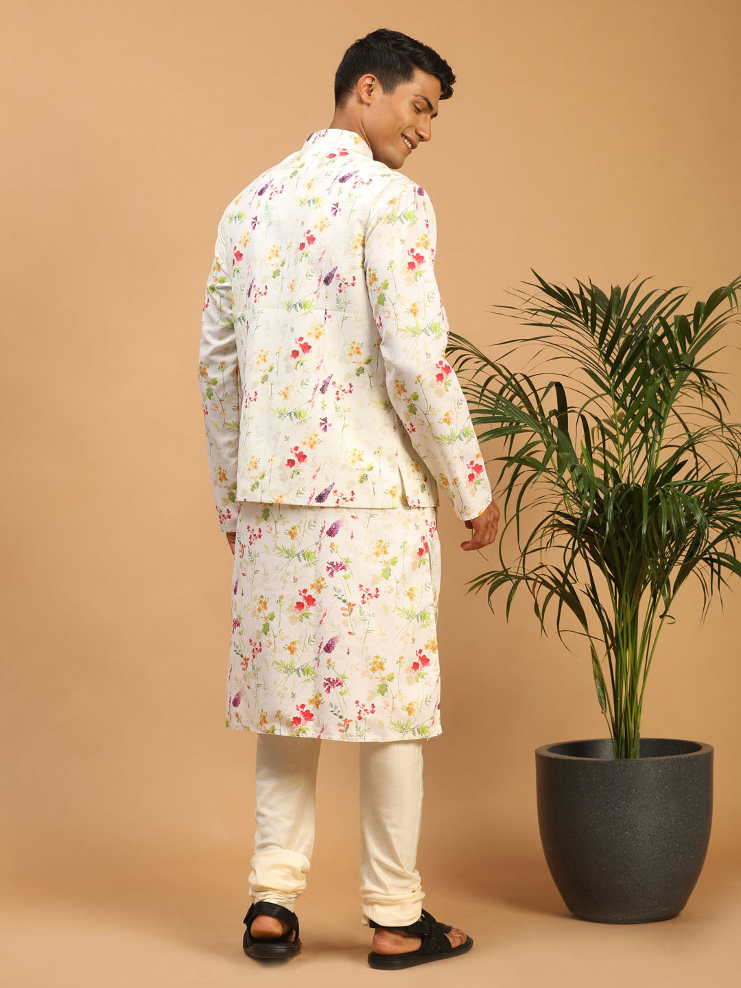 Sarvati Cream Printed Nehru Jacket And Multicolor-base Printed Kurta With Cream Pyjama Set