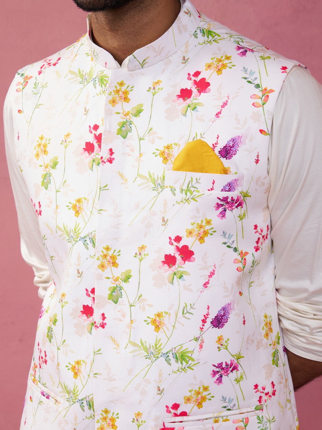 Men's Cream Silk Blend Nehru Jacket Kurta Pyjama Set