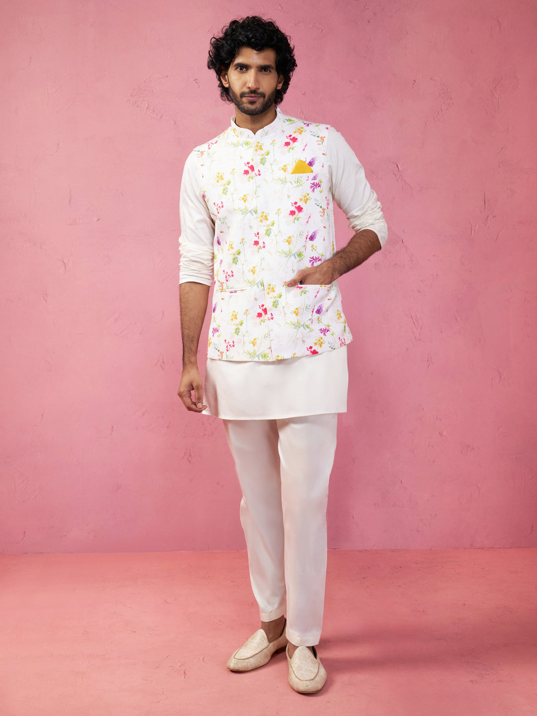 Men's Cream Silk Blend Nehru Jacket Kurta Pyjama Set