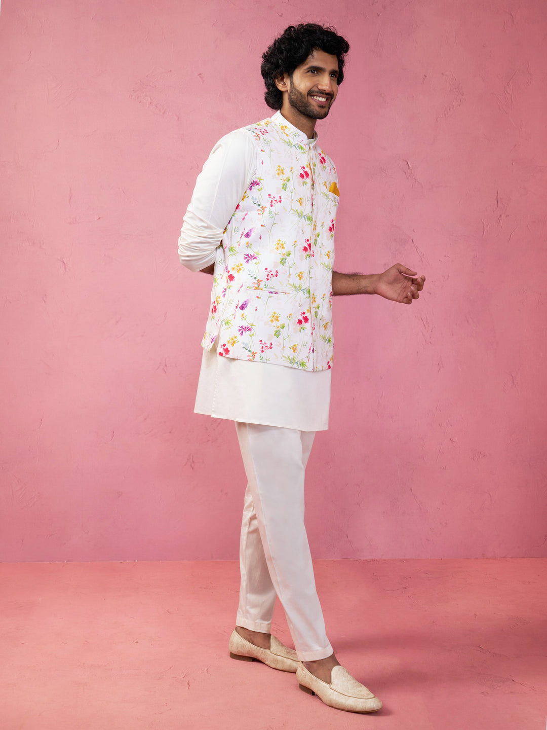 Men's Cream Silk Blend Nehru Jacket Kurta Pyjama Set