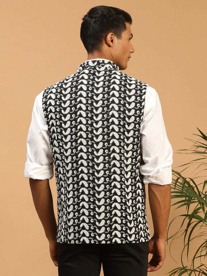 Men Black Chikankari Embroidered Pure Cotton Nehru Jacket