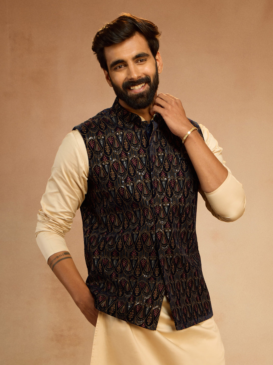 Men's Navy Blue Velvet Sequin Embroidered Nehru Jacket