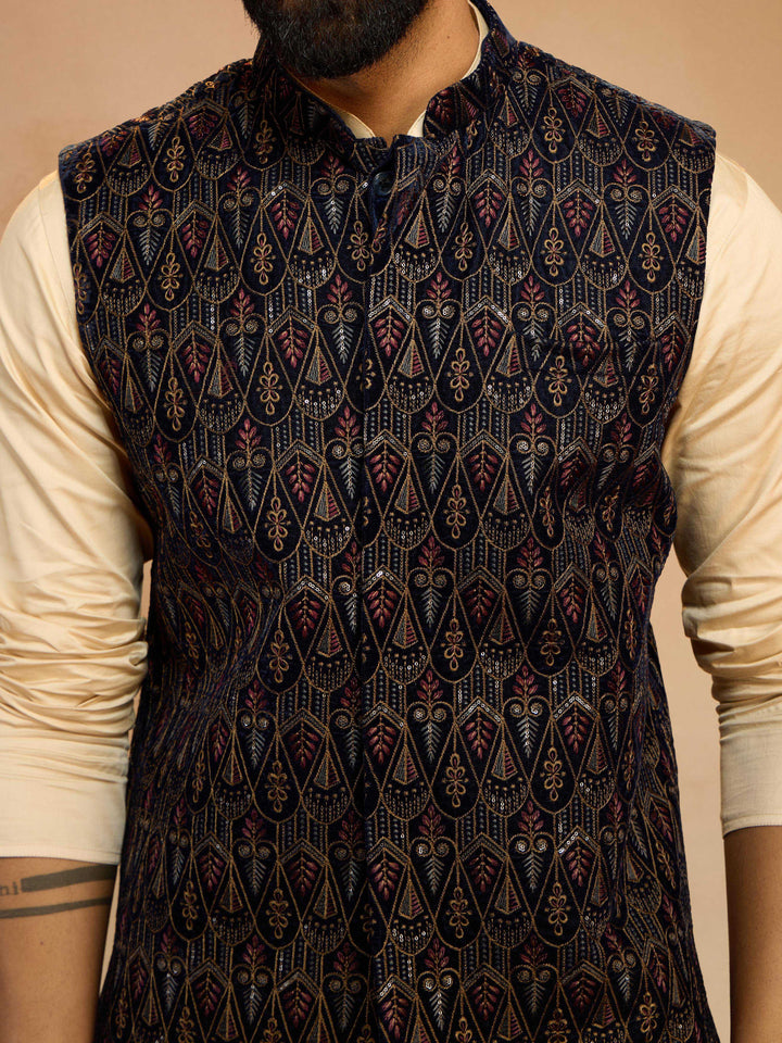 Men's Navy Blue Velvet Sequin Embroidered Nehru Jacket - view 2
