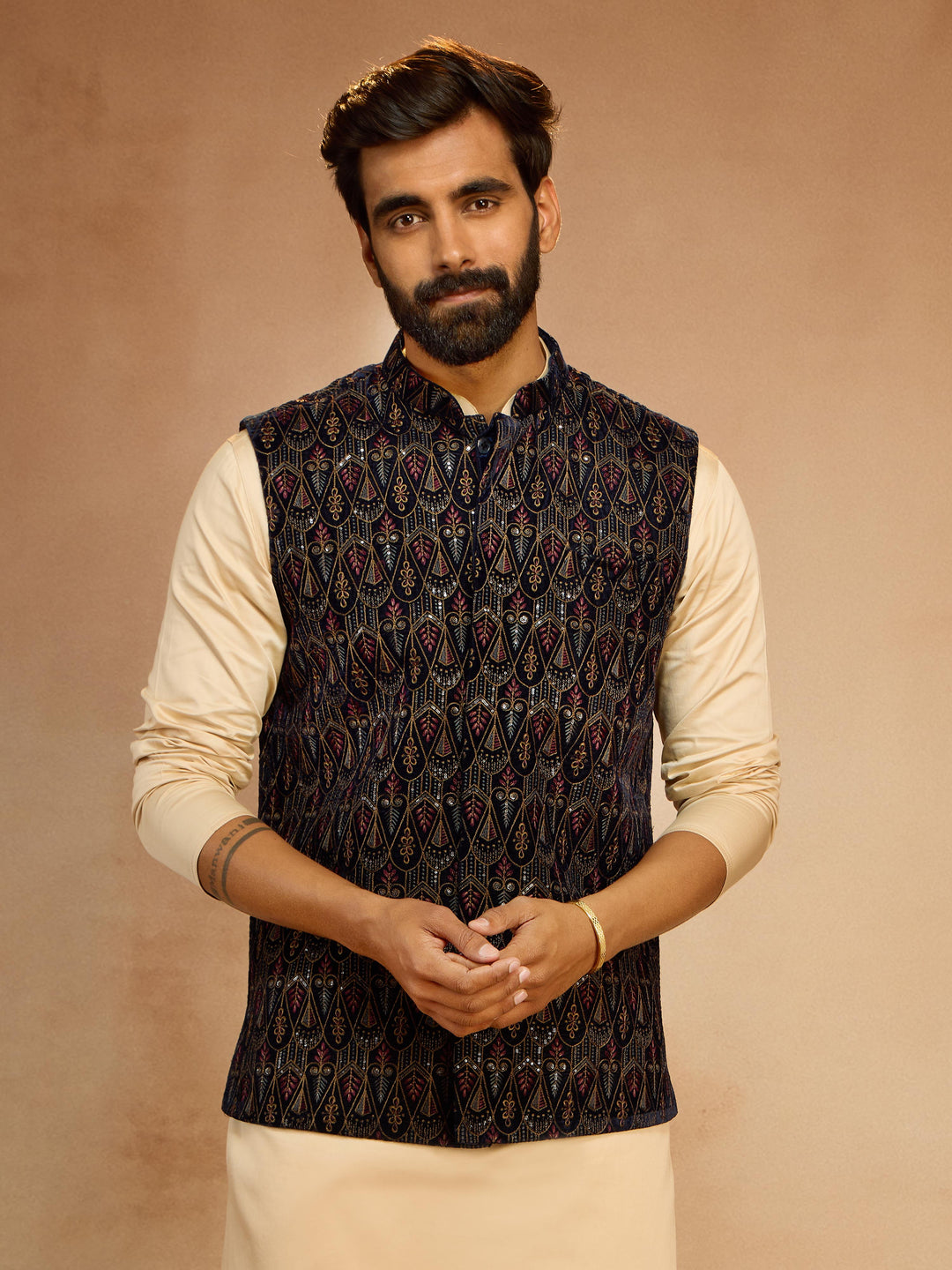 Men's Navy Blue Velvet Sequin Embroidered Nehru Jacket - view 3