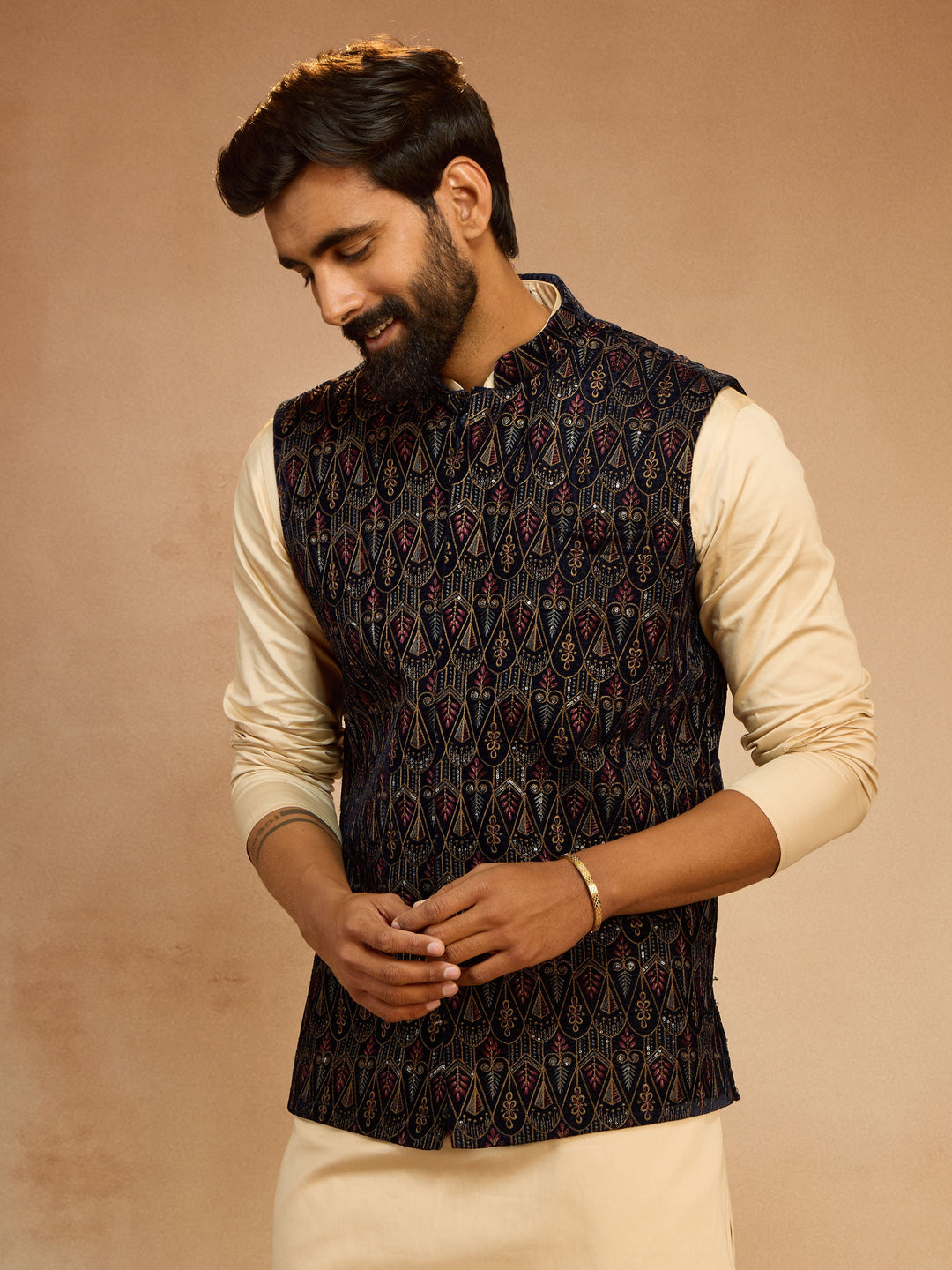 Men's Navy Blue Velvet Sequin Embroidered Nehru Jacket - view 4