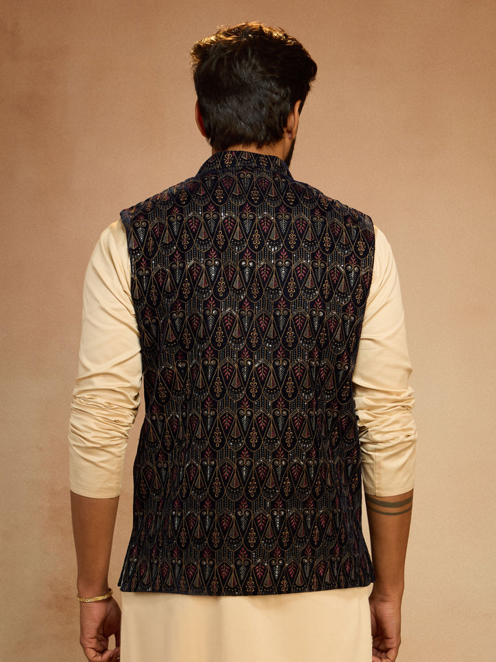 Men's Navy Blue Velvet Sequin Embroidered Nehru Jacket - view 5
