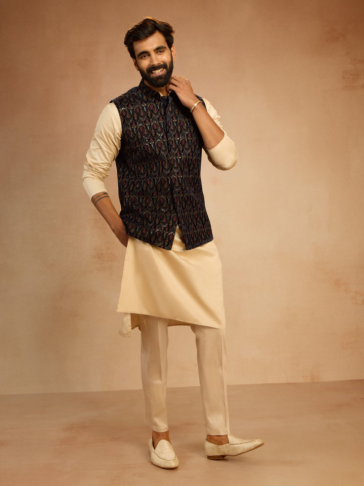Men's Navy Blue Velvet Sequin Embroidered Nehru Jacket - view 6