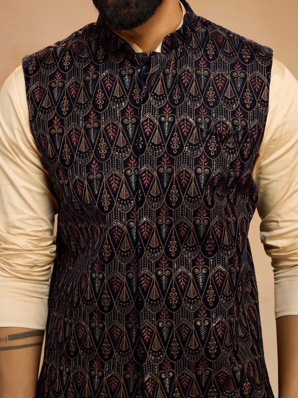Men's Navy Blue Velvet Embroidered Nehru Jacket with Beige Solid Kurta & Pyjama Set - view 2