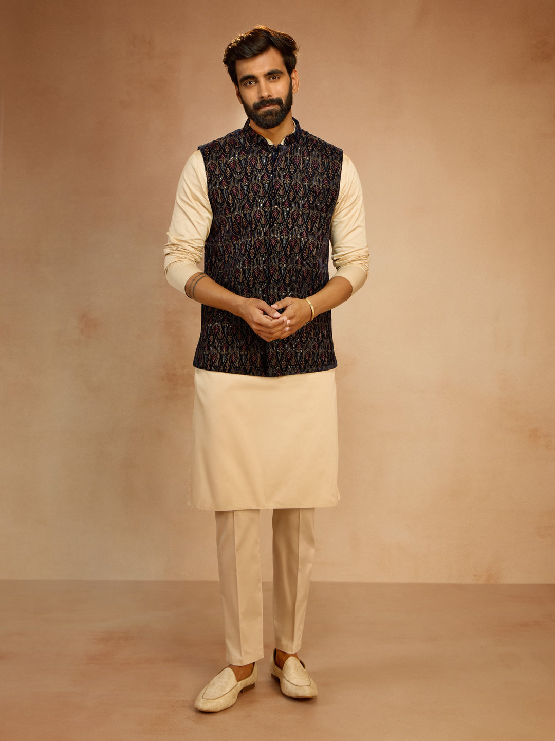 Men's Navy Blue Velvet Embroidered Nehru Jacket with Beige Solid Kurta & Pyjama Set - view 3