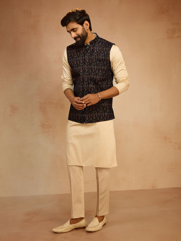 Men's Navy Blue Velvet Embroidered Nehru Jacket with Beige Solid Kurta & Pyjama Set - view 4