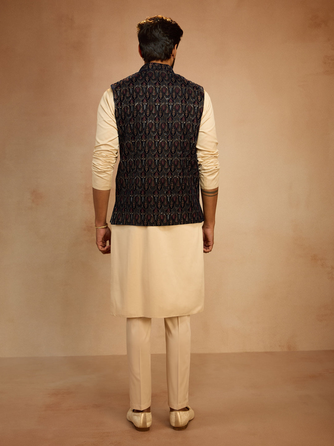 Men's Navy Blue Velvet Embroidered Nehru Jacket with Beige Solid Kurta & Pyjama Set - view 5