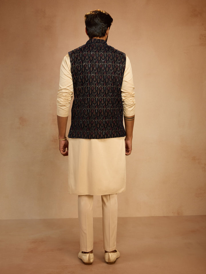 Men's Navy Blue Velvet Embroidered Nehru Jacket with Beige Solid Kurta & Pyjama Set - view 5