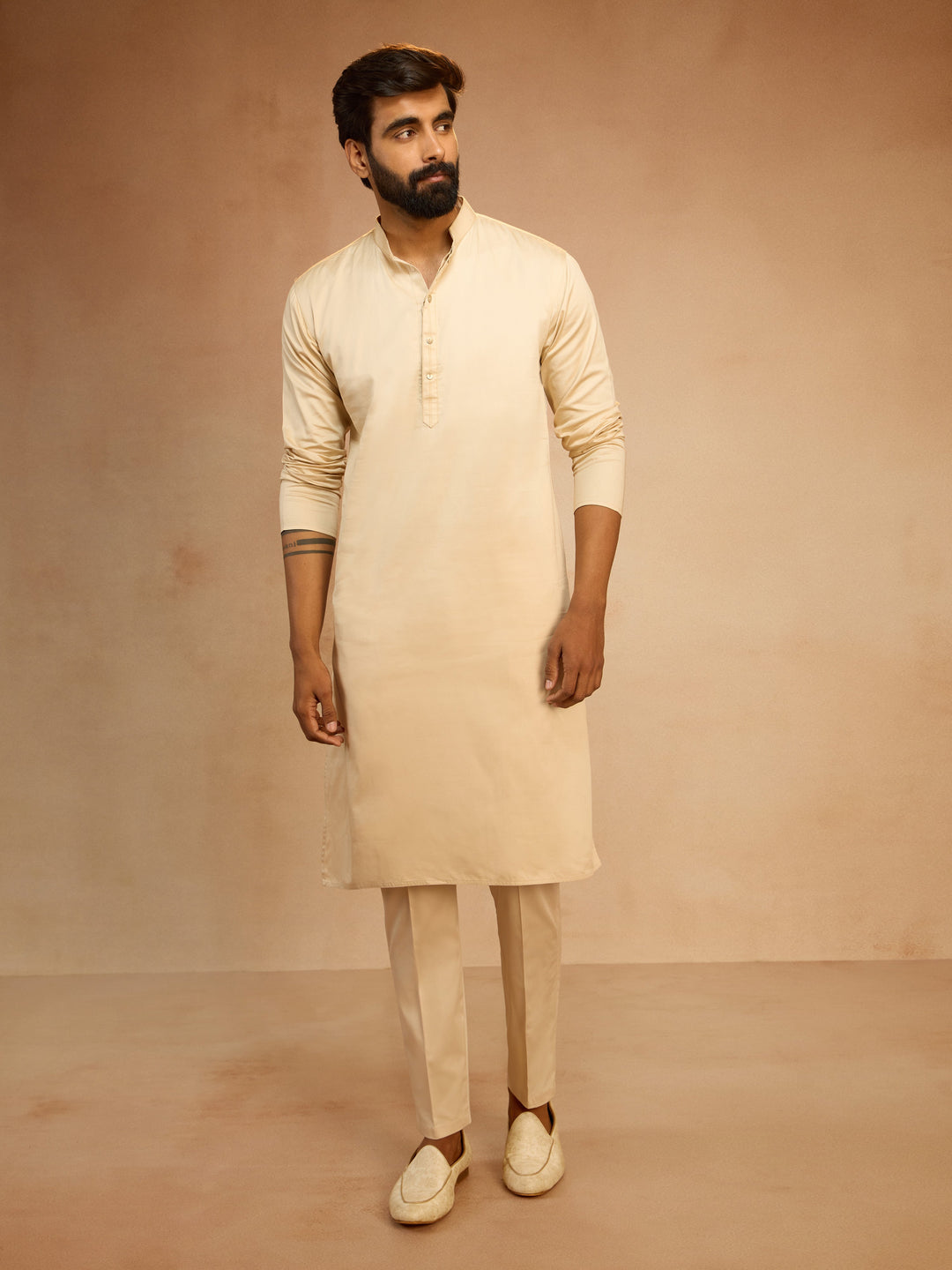 Men's Navy Blue Velvet Embroidered Nehru Jacket with Beige Solid Kurta & Pyjama Set - view 6