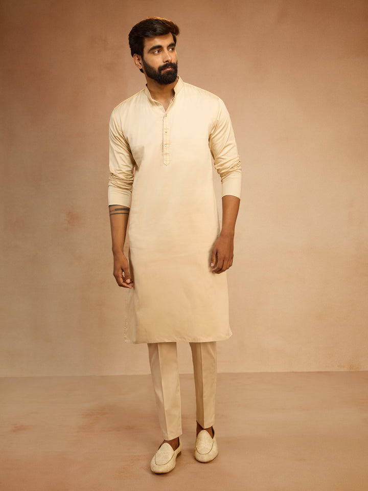Men's Navy Blue Velvet Embroidered Nehru Jacket with Beige Solid Kurta & Pyjama Set - view 6