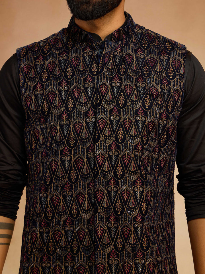 Men's Navy Blue Velvet Embroidered Nehru Jacket with Black Solid Kurta & Pyjama Set - view 2