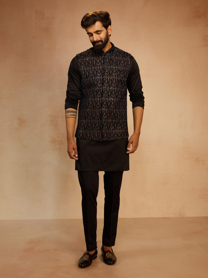 Men's Navy Blue Velvet Embroidered Nehru Jacket with Black Solid Kurta & Pyjama Set - view 4