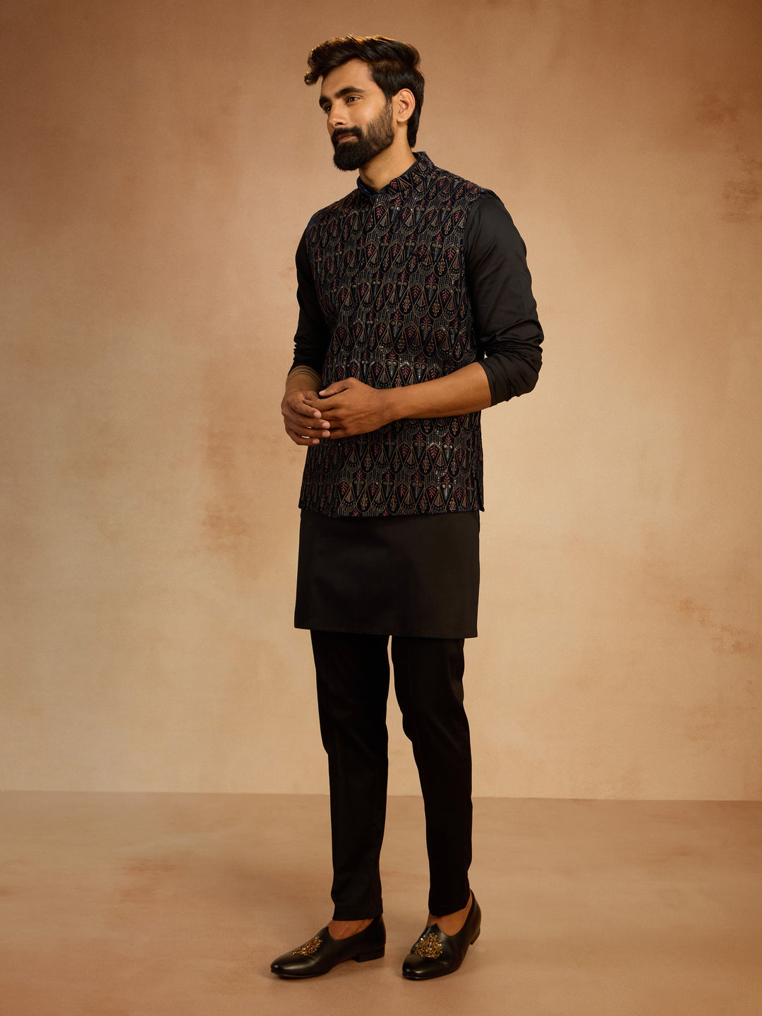 Men's Navy Blue Velvet Embroidered Nehru Jacket with Black Solid Kurta & Pyjama Set - view 3