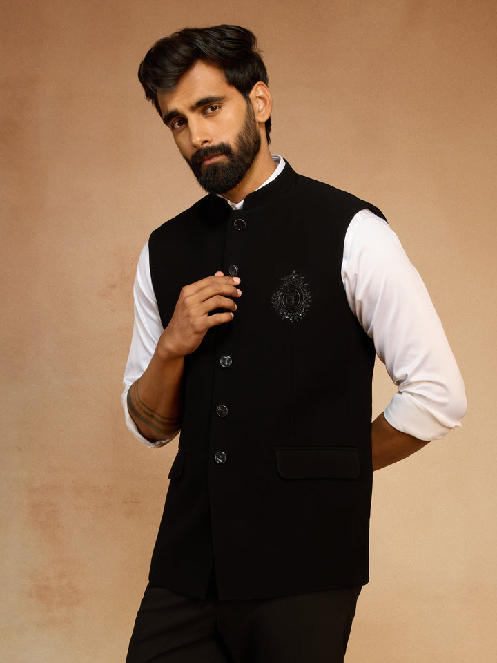 Men's Black Silk Bead Embroidered Nehru Jacket