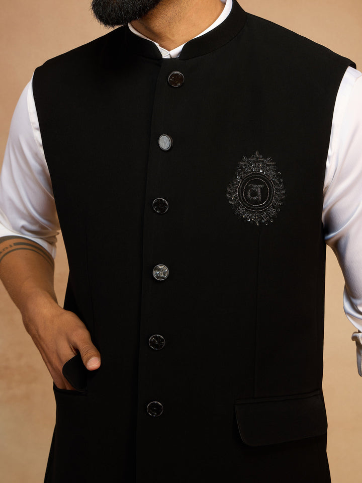 Men's Black Silk Bead Embroidered Nehru Jacket - view 2