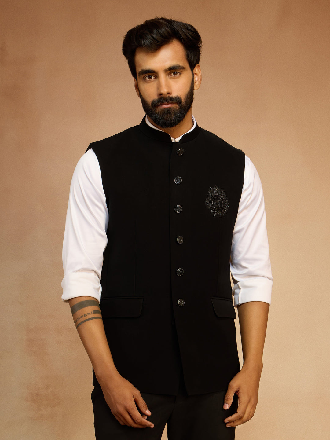 Men's Black Silk Bead Embroidered Nehru Jacket - view 3