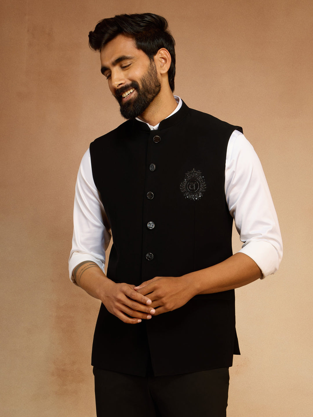 Men's Black Silk Bead Embroidered Nehru Jacket - view 4