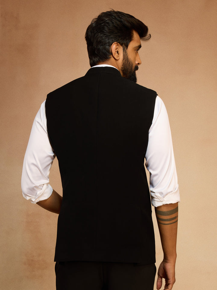 Men's Black Silk Bead Embroidered Nehru Jacket - view 5