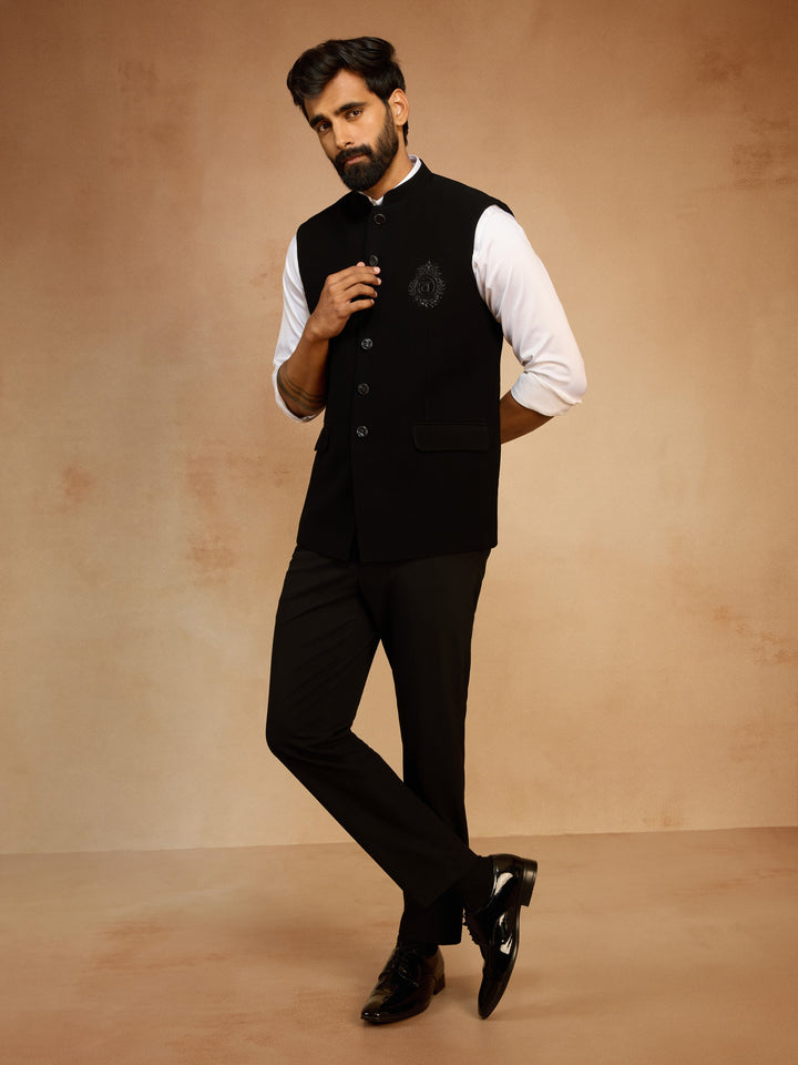 Men's Black Silk Bead Embroidered Nehru Jacket - view 6