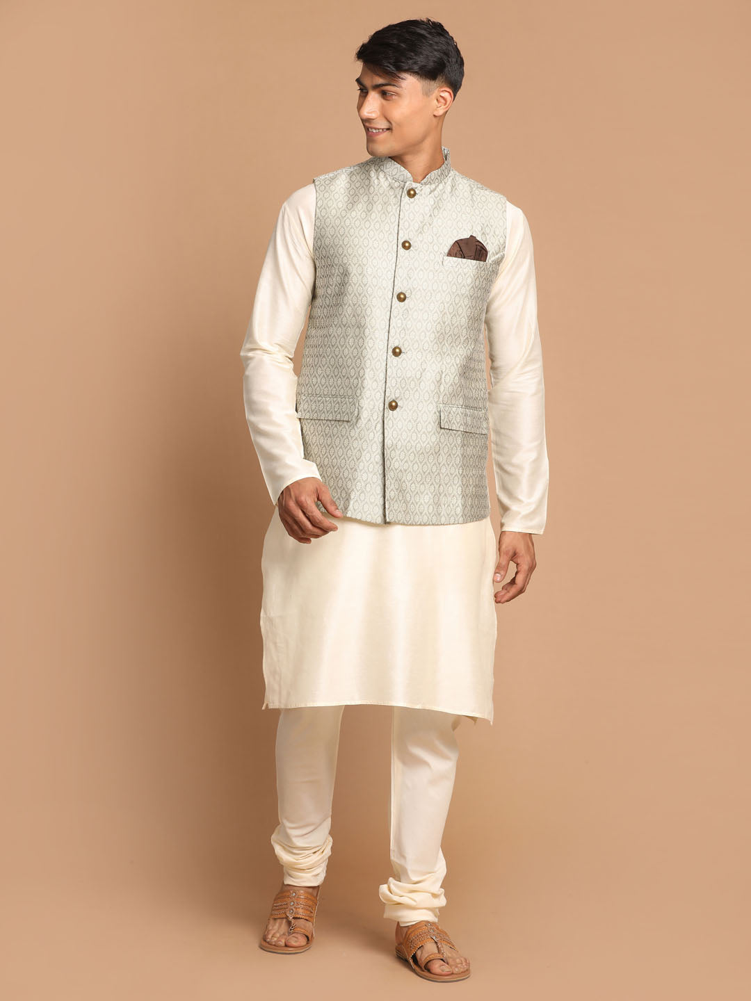 Sarvati Men's Beige Jacquard Nehru Jacket with Kurta Pyjama Set