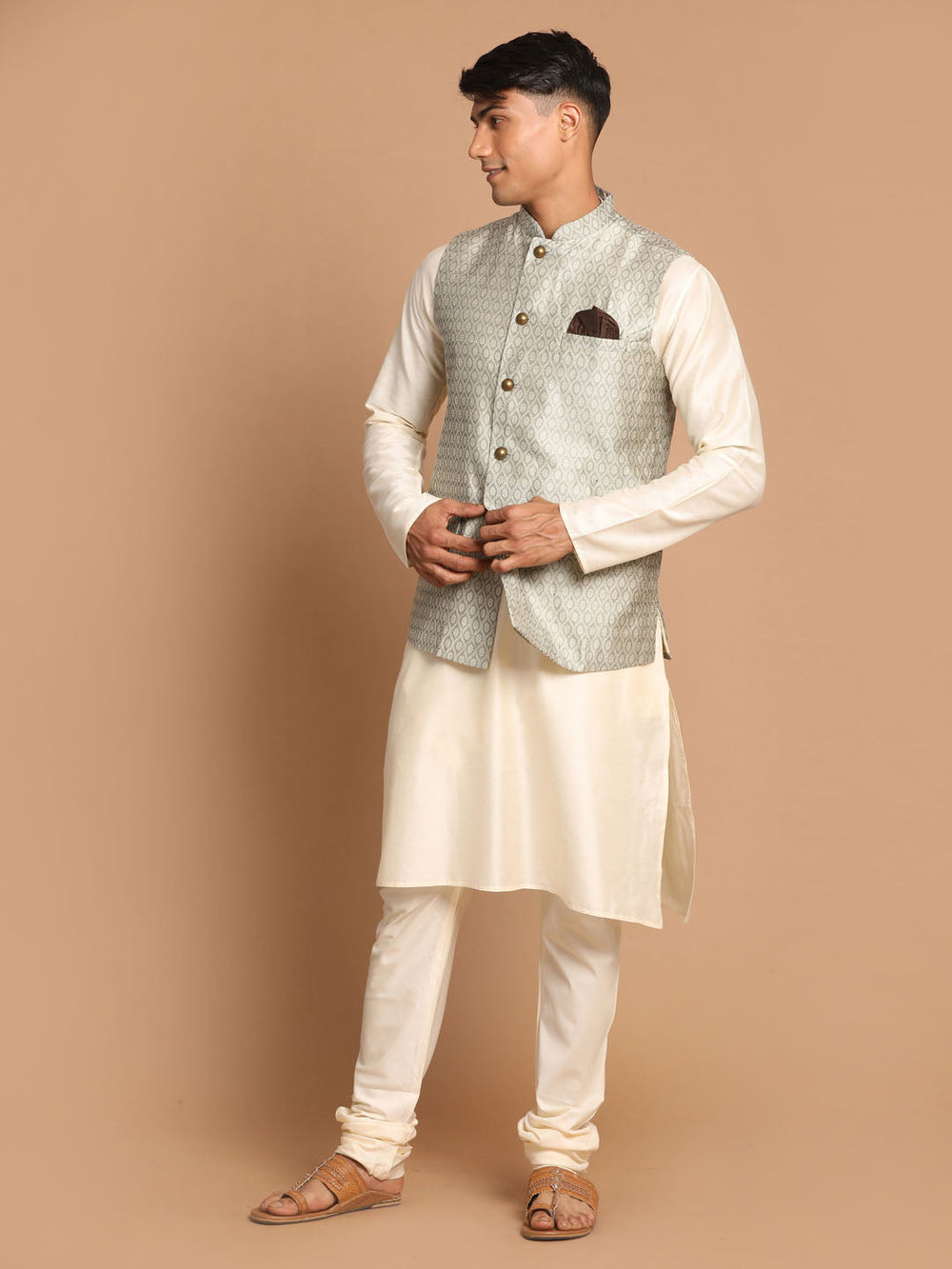 Sarvati Men's Beige Jacquard Nehru Jacket with Kurta Pyjama Set