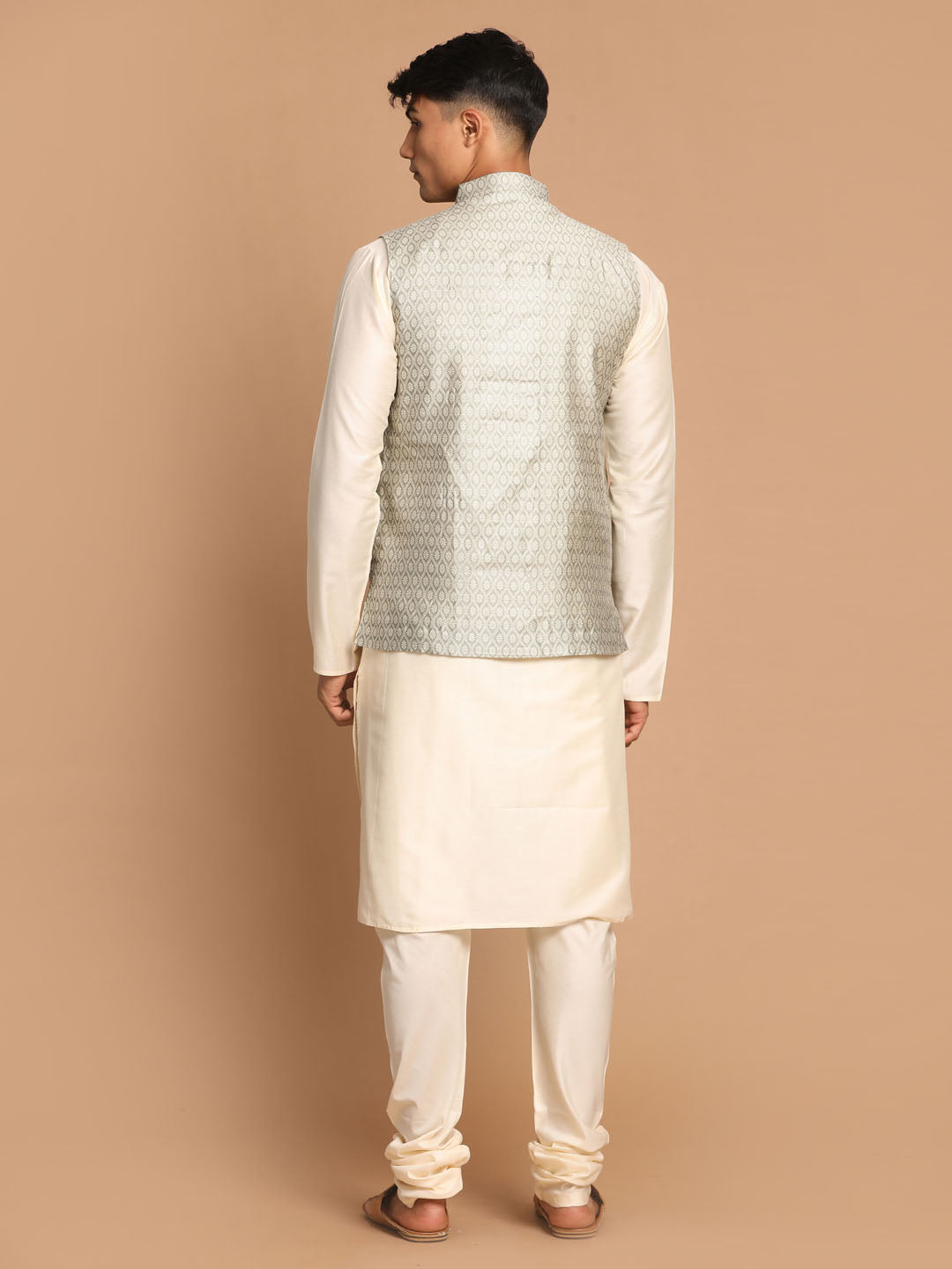 Sarvati Men's Beige Jacquard Nehru Jacket with Kurta Pyjama Set