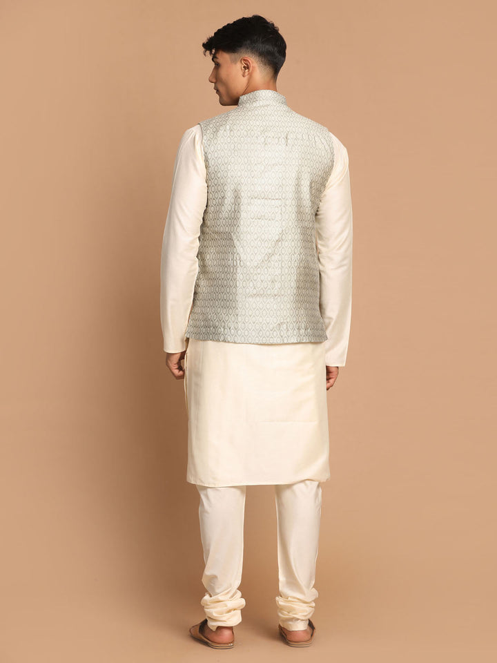 Sarvati Men's Beige Jacquard Nehru Jacket with Kurta Pyjama Set