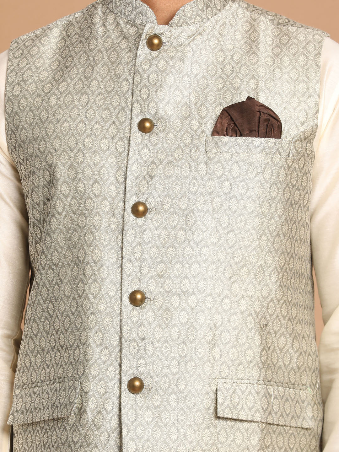 Sarvati Men's Beige Jacquard Nehru Jacket with Kurta Pyjama Set