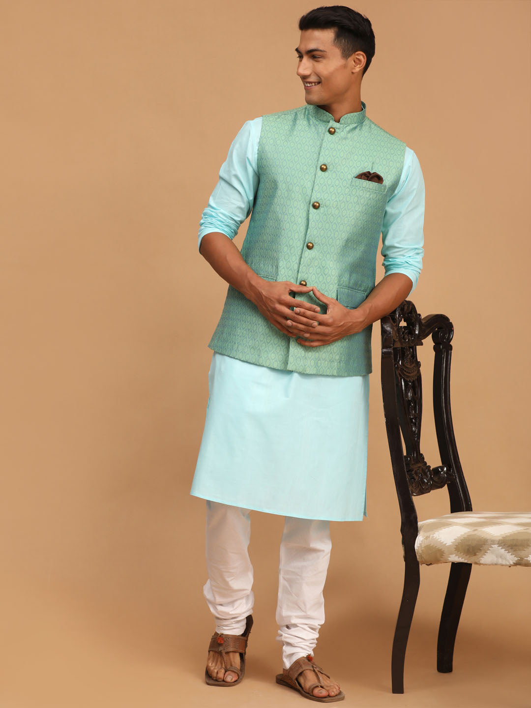 Sarvati Men's Green Jacquard Nehru Jacket with Kurta Pyjama Set