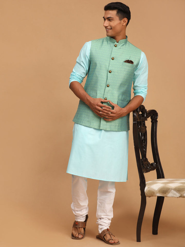 Sarvati Men's Green Jacquard Nehru Jacket with Kurta Pyjama Set