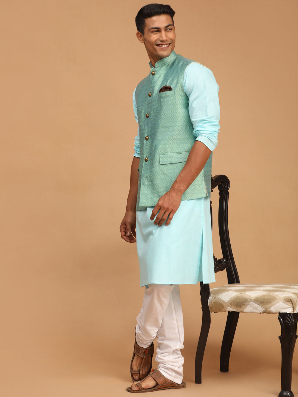 Sarvati Men's Green Jacquard Nehru Jacket with Kurta Pyjama Set