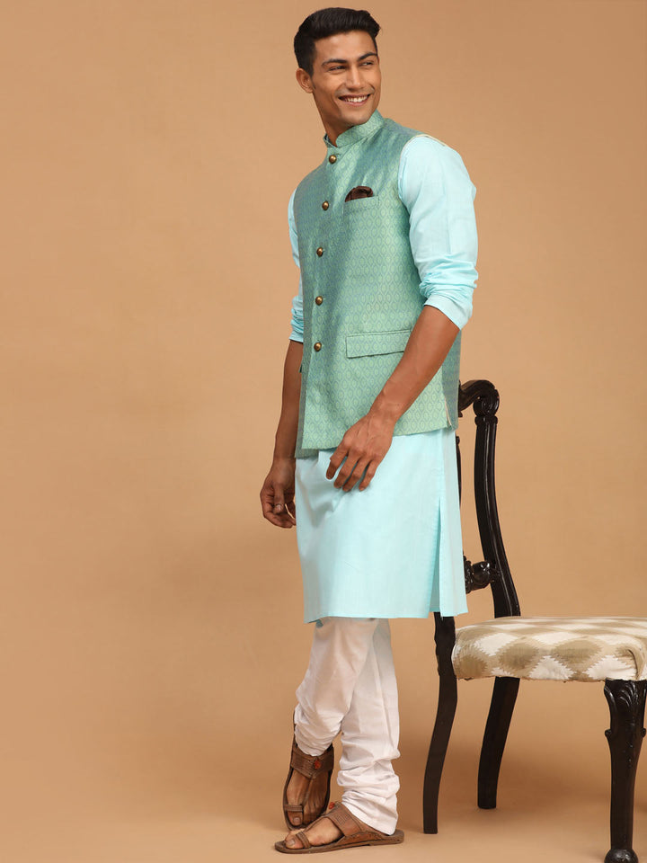 Sarvati Men's Green Jacquard Nehru Jacket with Kurta Pyjama Set