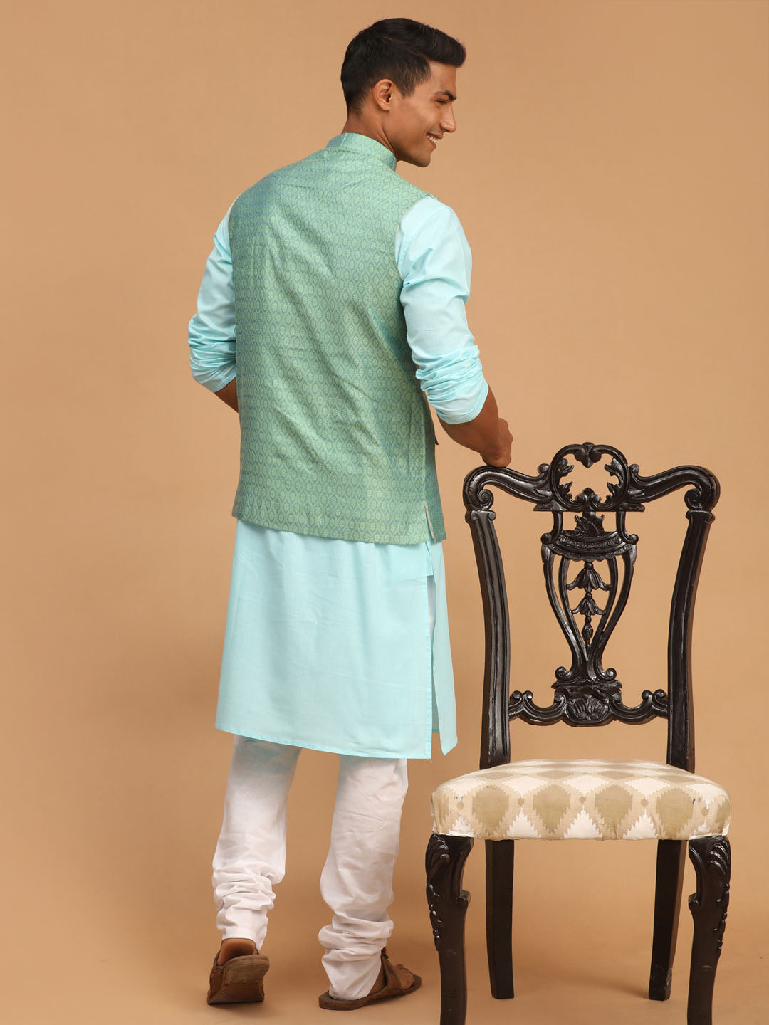Sarvati Men's Green Jacquard Nehru Jacket with Kurta Pyjama Set