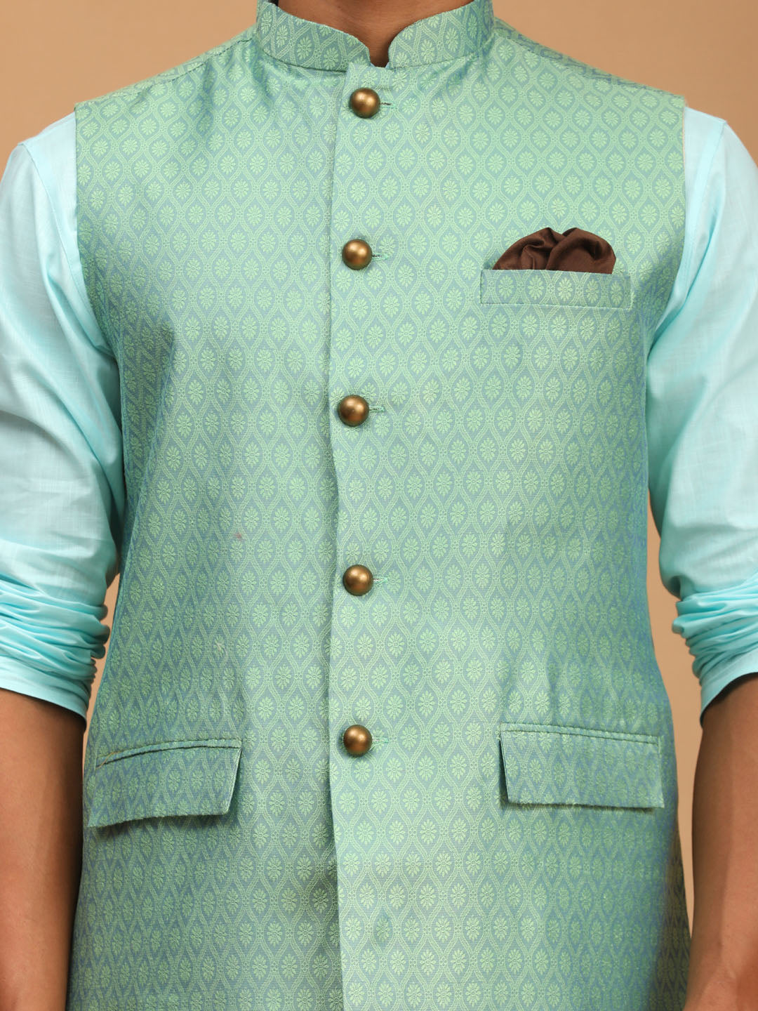 Sarvati Men's Green Jacquard Nehru Jacket with Kurta Pyjama Set